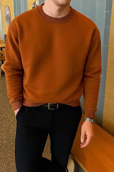 COMBİNE MİCHAİL Men's Relax Fit Winter Cinnamon Basic Sweater