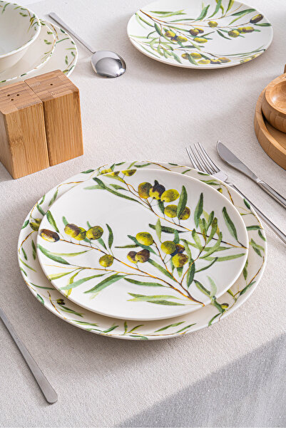 RUBİ PORSELEN Olive 20 cm Tatlı & Pasta Tabağı 6’lı Set – Zeytin Dalı Desenli Porselen