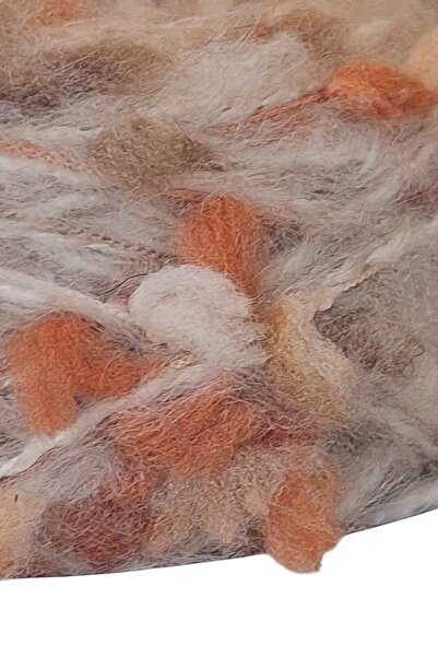 Ece Örgü Tasarım Atölyesi Pastel turuncu ve yeşil tonlarında ponpon ip - ekru moher karışımı örgü ipi (500 gr.)