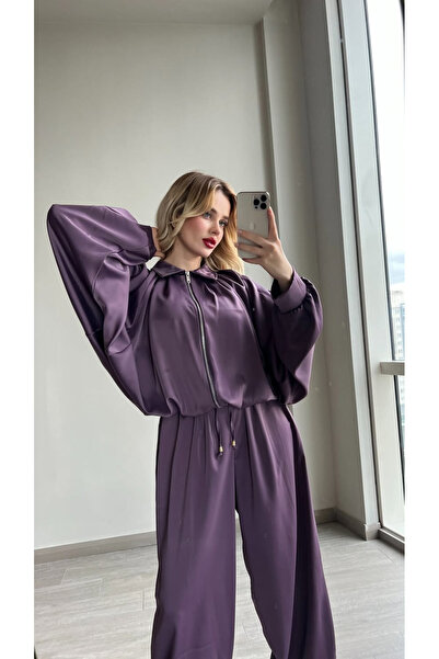 ForOus Oversize Zippered Shalwar Satin Pants Suit with Detailing