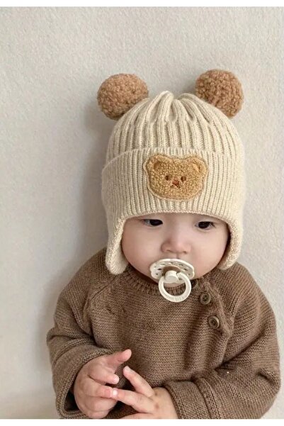 alka Sevimli Ayı Aplike ve Ponponlu Bebek Beresi