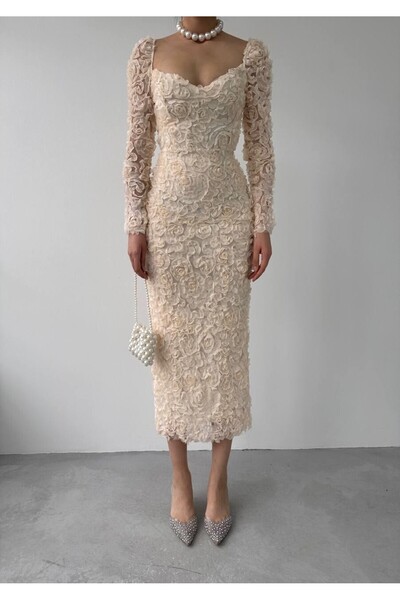 Monapera Kalp Yaka Uzun Kollu Folers Çiçek Desenli Elbise