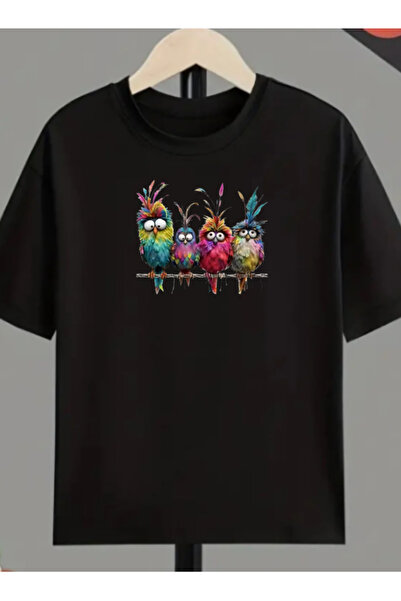 TİMİSİVA Унисекс прекалено голяма памучна тениска с къс ръкав, с принт на пти...