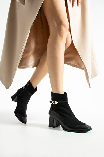 RevanStep Kadın Süet Topuklu Bot 5cm - Kare Burun Tokalı Fermuarlı Kontrast D...