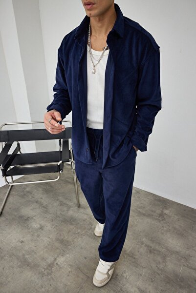 İLKCET MODA Чоловіча темно-синя сорочка оверсайз з оксамиту