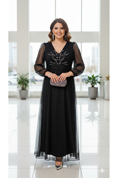 Robes Büyük Beden Şifon Tül Abiye Elbise - Taş İşlemeli/Boncuklu, Uzun Kol, N...