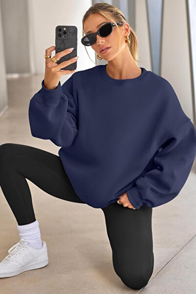 GENIUS STORE Дамска суитшърт с широка кройка, вътрешна част от Шардони и деколте тип „велосипед“ Овърсайз суитшърт KA