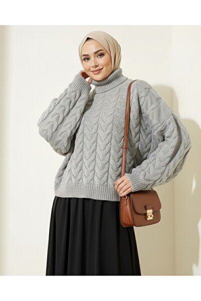 Modamorfo Knitted Patterned High Neck Sweater - Gray