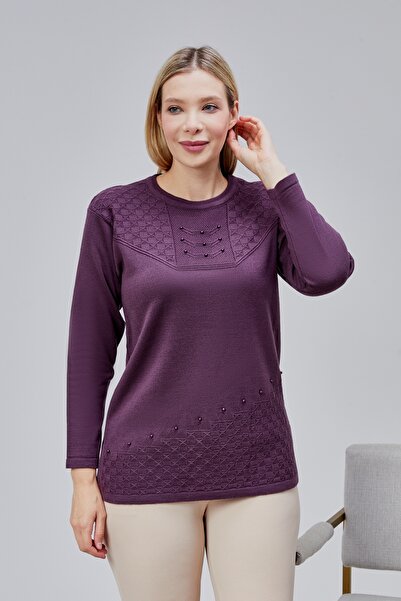 Jinx Wear Fashion Kadın Triko Yaka İnci Detay Kışlık Orta Yaş Günlük Anne Bluz Kazak