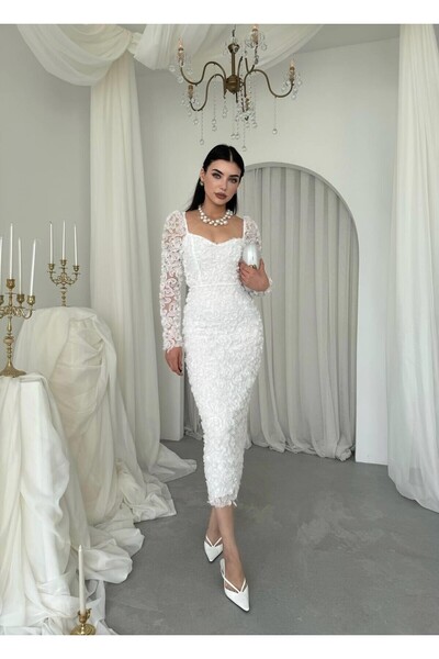 Mostpera Kalp Yaka Uzun Kollu Folers Çiçek Desenli Elbise