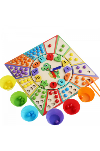 OEM Montessori dexterity and color-matching game with colored balls and wooden clock – 3+ years