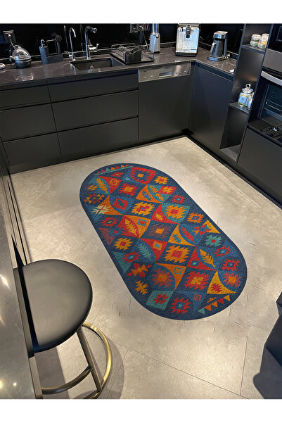 Rugs Modern Halı MOSSO Lacivert Temalı Geleneksel Motifler Desenli Dokuma Tab...