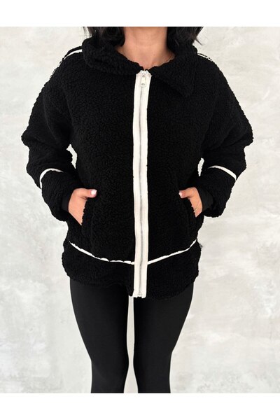 Ergün Women's Piped Shirt Collar Plush Coat