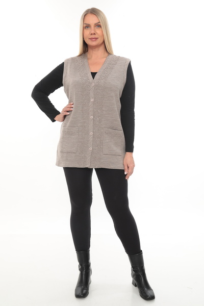 İKSUN Çelik Örgü Tiko Kışlık Kalın Anne Örgü Düğmeli Cepli Uzun Yelek