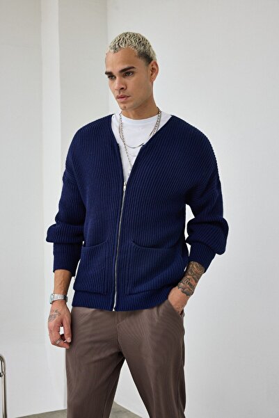 İLKCET MODA Zippered Navy Blue Oversized Open Collar Knitwear Cardigan
