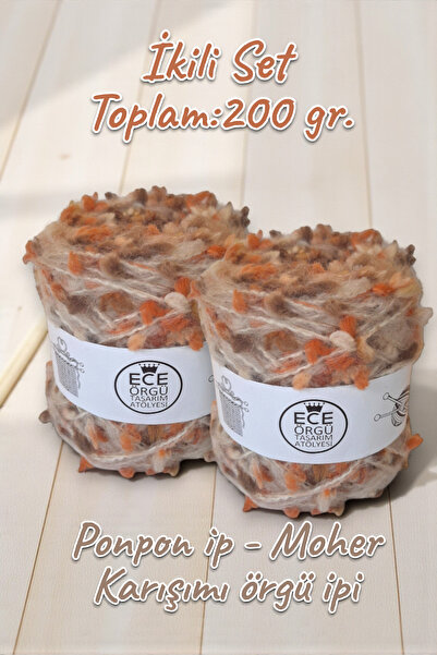 Ece Örgü Tasarım Atölyesi Pastel turuncu ve yeşil tonlarında ponpon ip - ekru moher karışımı örgü ipi (200 gr.)