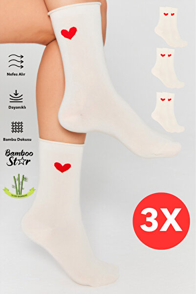bamboo star Bamboo Women's Elastic-Free Cream Socks Stitch-Free Heart Patterned Socks 3-Pack Non-Squeezing Socks / Does Not Leave Marks