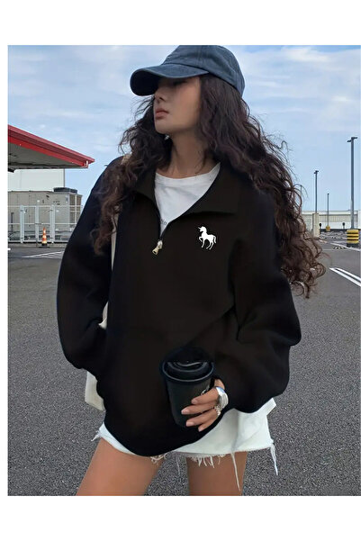 Le Savu Sevunera Half Zip Unicorn cu imprimeu Hanorac unisex cu mânecă lungă ...