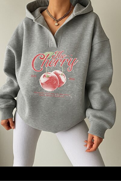 Deocept Unisex Gray Cherry V-Neck Hooded Printed Oversized Sweatshirt