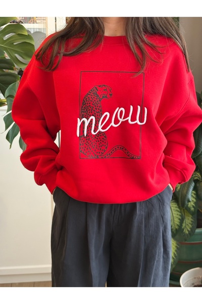 Store KIRMIZI RENK 3 İPLİK ŞARDONLU ÖNÜ NAKIŞLI LEOPAR DESENLİ SWEATSHİRT