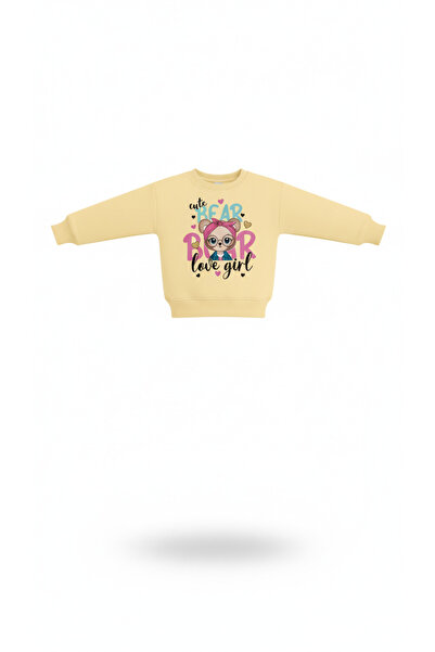 LİTTLE TORTOİSE Girl's Cute Bear Printed Fleece-Lined Sweatshirt Tracksuit Set