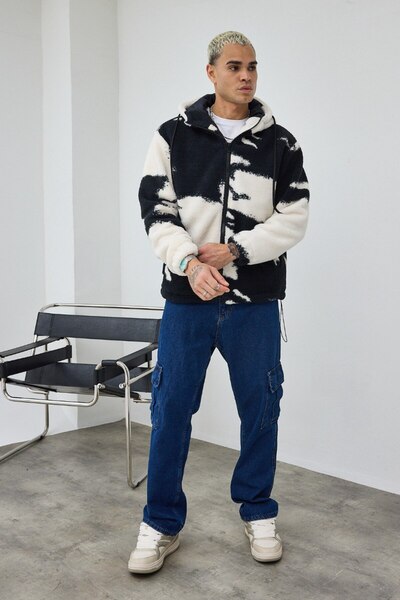 İLKCET MODA Cloud Patterned Lined Hooded Plush Coat