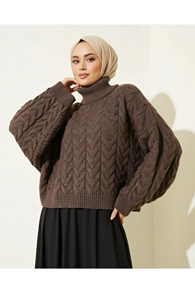 Modamorfo Knitted Patterned High Neck Sweater - Brown