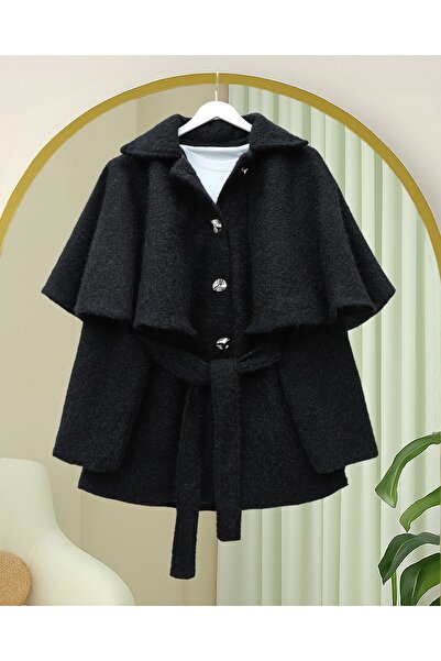 Modamorfo Bolero with Belted Waist and Buttoned Cashmere Cap - Black
