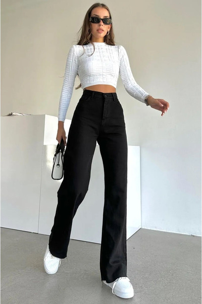 mooishan Γυναικείο μαύρο ελαστικό ύφασμα Φαρδιά μπατζάκια με φερμουάρ Jean Γυ...