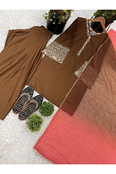 MYSMAR Rust Brown Natural Satin Silk Top Bottom Dupatta - HRT5135 | Rust Brown