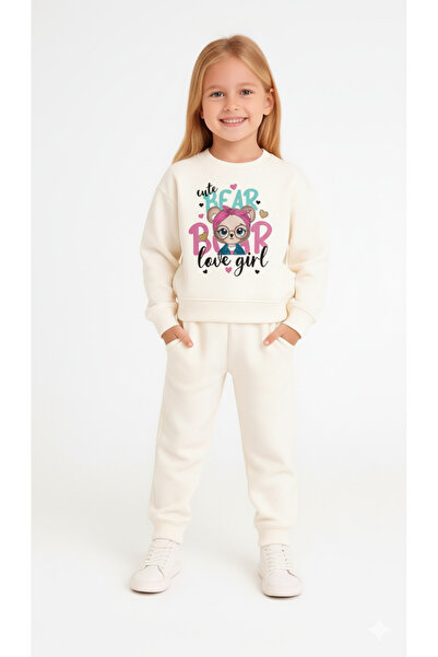 LİTTLE TORTOİSE Girl's Cute Bear Printed Fleece-Lined Sweatshirt Tracksuit Set