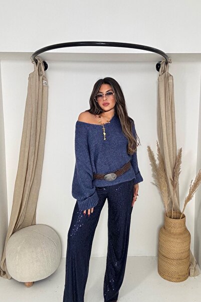 Sohotique By P Sequined Wide Leg Trousers Navy Blue