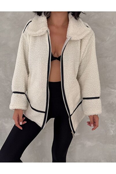 Ergün Palton de pluș cu guler cămașă pentru femei cu vipușcă