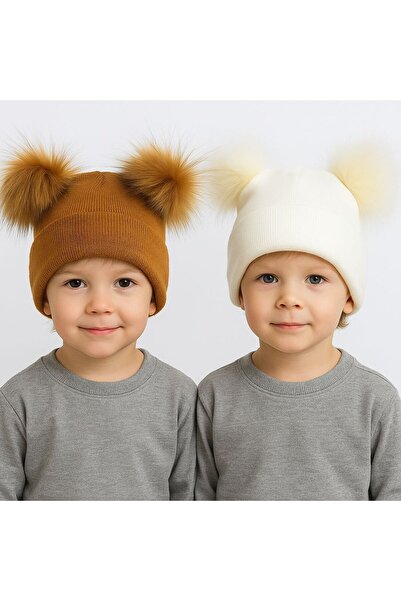 ŞAPKAKİDS Tan and Cream Double Pompon Beanie Set