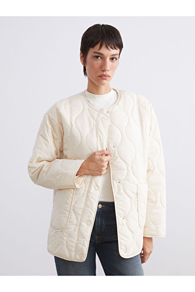 LC Waikiki Γυναικείο πουπουλένιο παλτό LCW Vision Ecru Crew Neck oversized με καπιτονέ