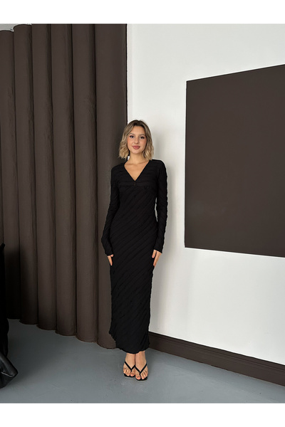 alenmoda Seersucker V-Neck Long Reverse Stitch Dress