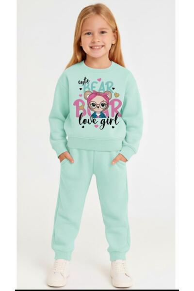 LİTTLE TORTOİSE Момичешки комплект от суитчър и панталони с принт на сладко мече