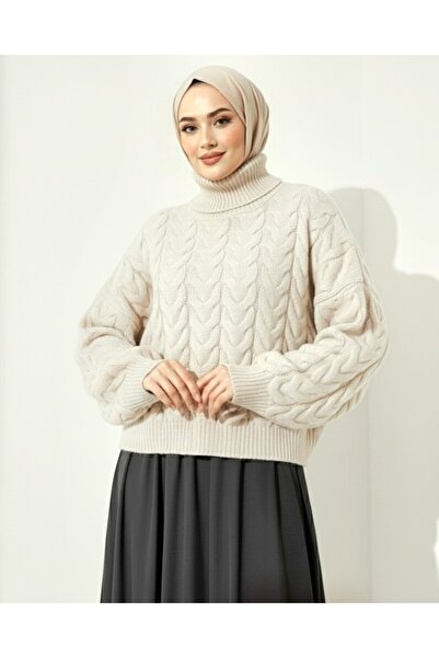 Modamorfo Knitted Patterned High Neck Sweater - Ecru