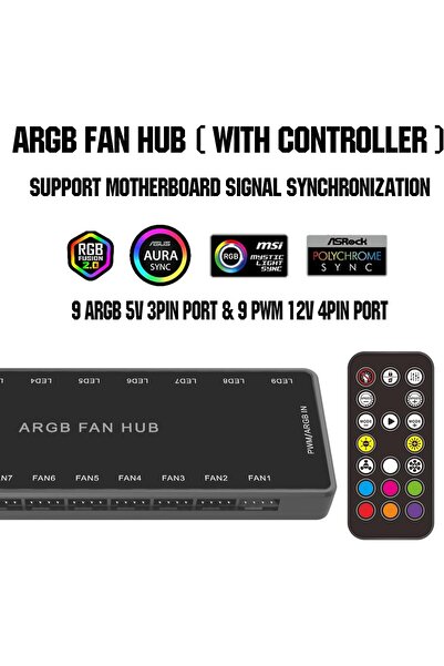 NALACAL ARGB Fan Hub Controller with Remote - PWM & ARGB 2-in-1, Supports 9 Fans, SATA Powered