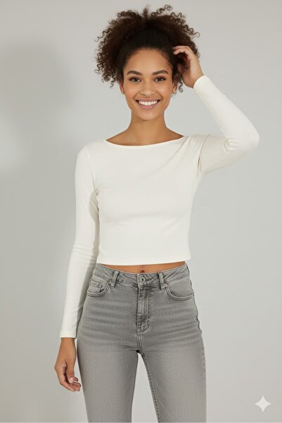 Sienza Women's Ecru Backless Long Sleeve Crop Blouse