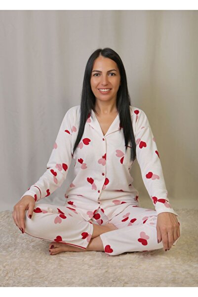 emsal özgür tekstil Elegant and Comfortable Pajama Set with Love-Filled Red H...