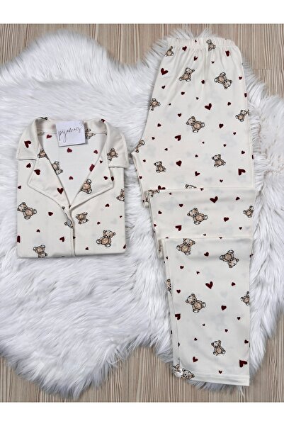 Pijamacs Σετ πιτζάμες με μακρύ μανίκι με λεπτομέρεια από μπορντό καρδιά και μοτίβο αρκουδάκι με απαλή αίσθηση