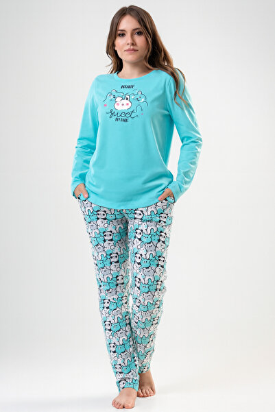 VİENETTA Women's 100% Cotton Bear Pattern Pajama Set