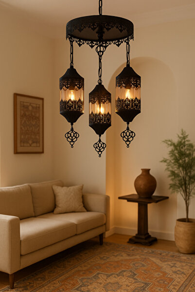 Uçar Otantik Osmanlı Modern Tasarım Yatak Odası Salon Mutfak Otel Cafe Siyah Renk Camlı 3 lü Avize