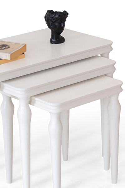 Mobievim Efes Beyaz Ahşap Lake Boyalı 3’lü Zigon Sehpa Seti – Klasik Tasarıml...