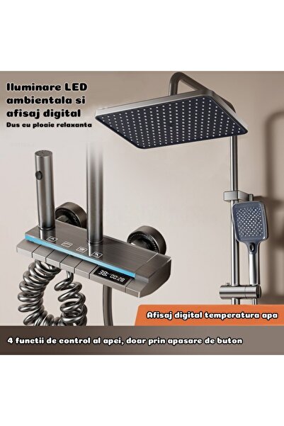 UNİBOX Digital Shower Column Set, Thermostat, LED, Temperature Display, 4 Functions, Rain Type, Graphite,