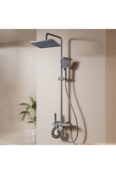 UNİBOX Digital Shower Column Set, Thermostat, LED, Temperature Display, 4 Functions, Rain Type, Graphite,