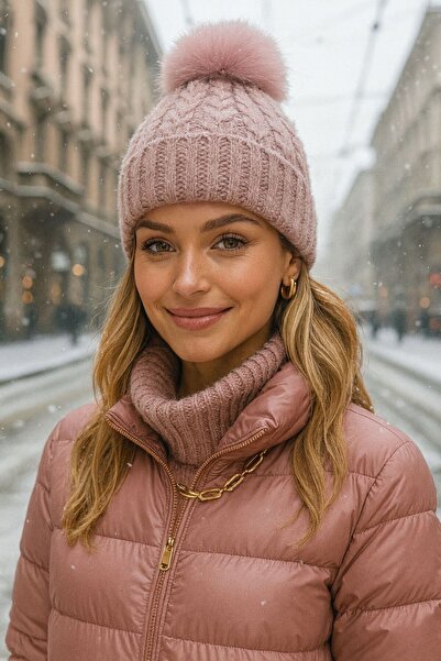 BALIENTE Tricotaj roz tricotat cu pompon pentru femei