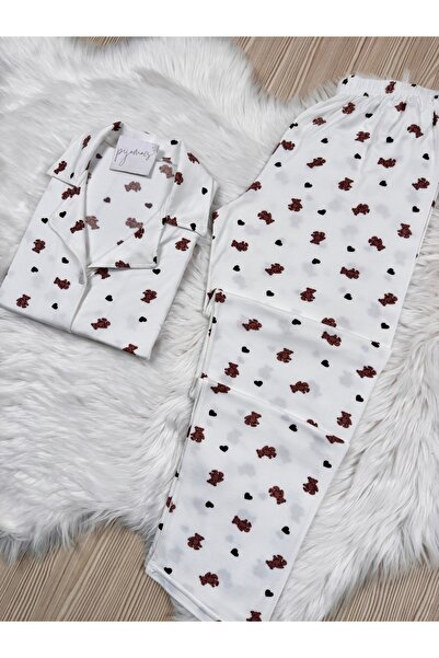 Pijamacs Kahverengi Kalp Detaylı Ayıcık Desenli Uzun Kol Yumuşak Hissiyatlı Pijama Takımı