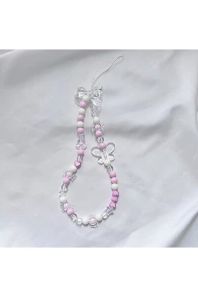 EDELFU Şeffaf Kelebekli Pembe Boncuklu Telefon Kılıf Charmı Kopmaz İp Bileklik Aksesuarı